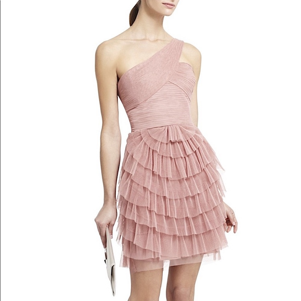 BCBG Ella Pleated Tiered One Shoulder Ruffle Dress